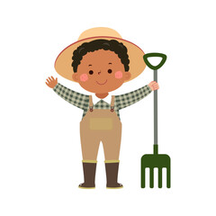Little kid farmer holding pitchfork