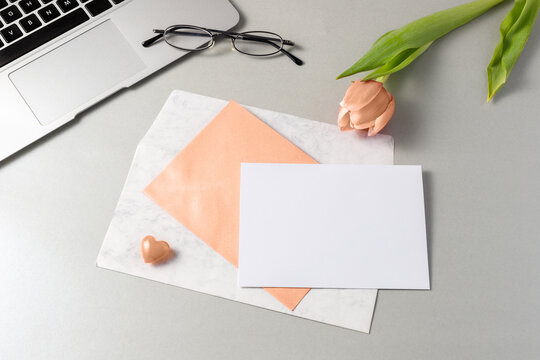 Greeting empty white card with envelope on grey table with peach fuzz color tulip flower and laptop.