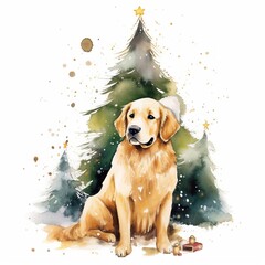 A Golden retriever, full body wearing Christmas hat sitting at a christmas tree, Christmas gifts around tree, water colour style on pure white background