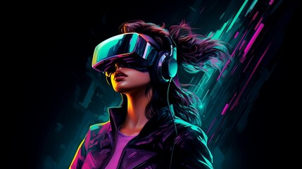 Fototapeta premium Woman wearing virtual reality headset and headphones neon style illustration AI Generated