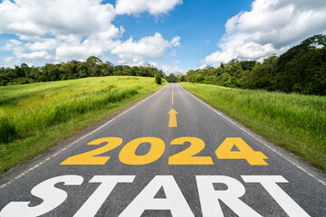 2024 New Year road trip travel and future vision concept . Nature landscape with highway road leading forward to happy new year celebration in the beginning of 2024 for bliss and successful start . - obrazy, fototapety, plakaty
