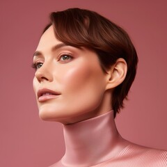 Fototapeta premium A Skincare campaign showing a close up photograph of a beautiful 40yo spanish woman, short hair away from the face, skincare editorial, minimal, 32k, modern, editorial, rose gold hues and reflections,