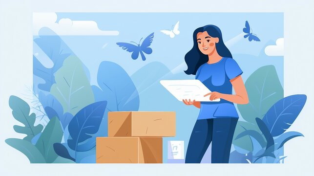 Woman with box packages and looking at paper illustration AI Generated