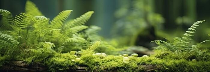 Enchanting mossy wonderland. Close up view of nature lush greenery. Captivating image showcases moss ferns and lichen creating vibrant tapestry on trees and rocks