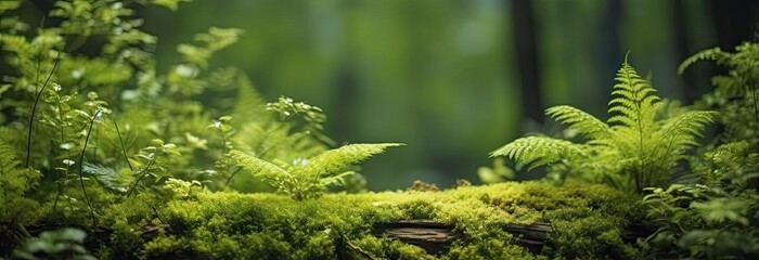 Enchanting mossy wonderland. Close up view of nature lush greenery. Captivating image showcases moss ferns and lichen creating vibrant tapestry on trees and rocks - obrazy, fototapety, plakaty