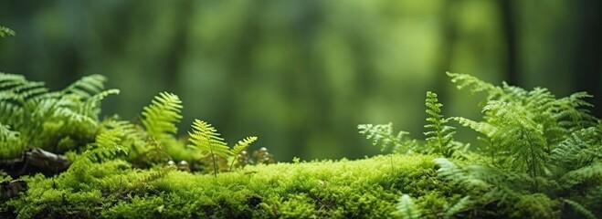 Enchanting mossy wonderland. Close up view of nature lush greenery. Captivating image showcases moss ferns and lichen creating vibrant tapestry on trees and rocks