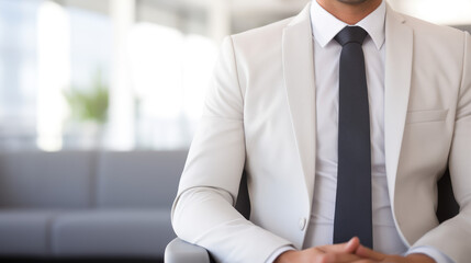 Man in a business suit sits in a chair waiting for a job interview. Searching for a job, candidate for a position, getting a job. Minimal style, copy space.