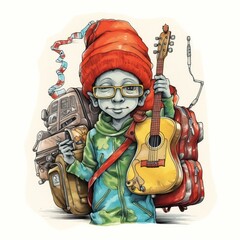 musician with bag on head - detailed color pen & ink Children's Illustration in the styles of Arief Putra & Rosie Butcher