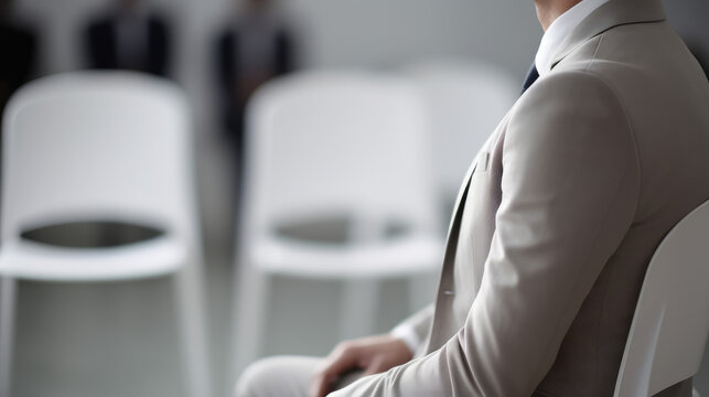 Man in a grey business suit sits in a chair waiting for a job interview. Searching for a job, candidate for a position, getting a job. Minimal style, copy space.