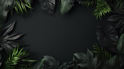 Collection of tropical leaves, foliage plant in black color with space on background, top view. Generative AI