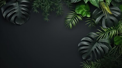 Collection of tropical leaves, foliage plant in black color with space on background, top view. Generative AI