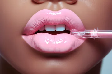 Fotobehang Сlose-up of pink female plump lips. Cosmetologist services, lip augmentation with injection, gualuronic acid or Botox for lips, moisturizing and correction, creative concept. © SnowElf