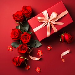 Beautiful gift box and roses on red background, flat lay with space for text. Valentine's day celebration. Made with generative ai. 