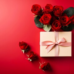 Beautiful gift box and roses on red background, flat lay with space for text. Valentine's day celebration. Made with generative ai. 