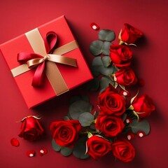 Beautiful gift box and roses on red background, flat lay with space for text. Valentine's day celebration. Made with generative ai. 
