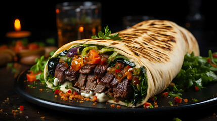 Shawarma wrap, roll with grilled vegetables, meat and cheese. Fast food restaurant background. High quality photo.