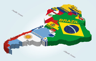 South America vector isometric map combined with national flags