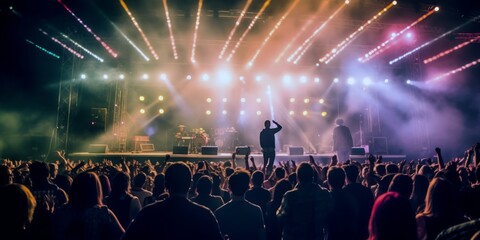 concert crowd with colorful stage light and confetti - obrazy, fototapety, plakaty