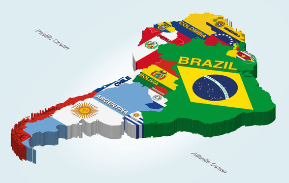 South America vector isometric map combined with national flags