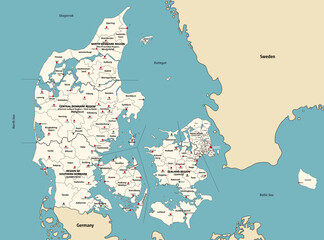 Denmark municipalities vector map with administrative centers, surrounded by neighbouring countries and territories - obrazy, fototapety, plakaty