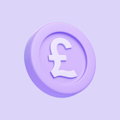 Purple coin with pound sign isolated on purple background. 3D icon, sign and symbol. Cartoon minimal style. 3D Render Illustration