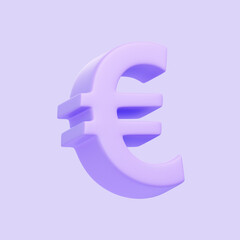 Purple euro sign isolated on purple background. 3D icon, sign and symbol. Cartoon minimal style. 3D Render Illustration