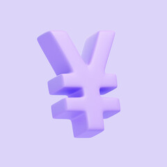 Obraz premium Purple yen sign isolated on purple background. 3D icon, sign and symbol. Cartoon minimal style. 3D Render Illustration