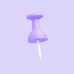 Purple drawing pin isolated on purple background. 3D icon, sign and symbol. Cartoon minimal style. 3D Render Illustration