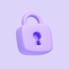 Purple Locked padlock isolated on purple background. 3D icon, sign and symbol. Cartoon minimal style. 3D Render Illustration