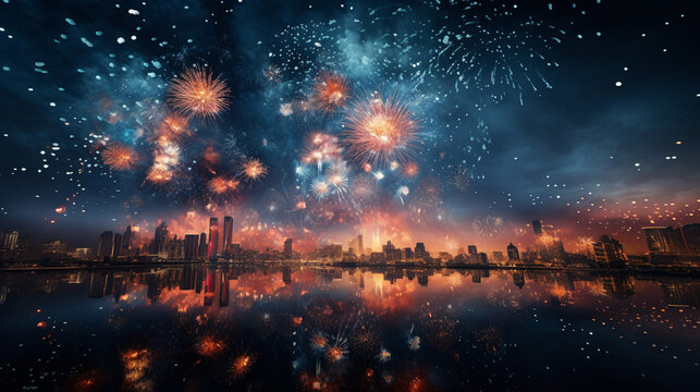 Firework by drons in the night sky celebrating happy new year 2024 in city.