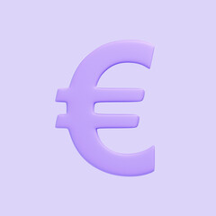 Purple euro sign isolated on purple background. 3D icon, sign and symbol. Cartoon minimal style. Front view. 3D Render Illustration
