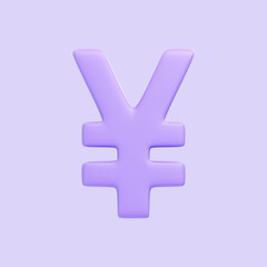 Obraz premium Purple yen sign isolated on purple background. 3D icon, sign and symbol. Cartoon minimal style. Front view. 3D Render Illustration
