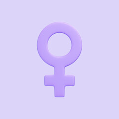 Purple woman symbol isolated on purple background. 3D icon, sign and symbol. Cartoon minimal style. Front view. 3D Render Illustration