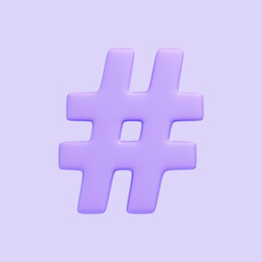 Purple hashtag symbol isolated on purple background. 3D icon, sign and symbol. Cartoon minimal style. Front view. 3D Render Illustration