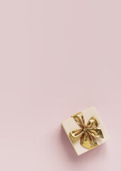 gift box with gold bow on pink background. top view, space for text