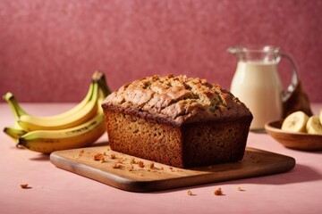 Fototapeta na wymiar Banana bread on the table on pink background, Banana muffin, Banana cake with nuts, bread made with banana, muffin with banana, Banana cake with chocolate and nuts, Banana cake with raisins