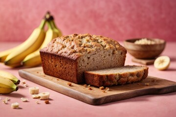 Banana bread on the table on pink background, Banana muffin, Banana cake with nuts, bread made with banana, muffin with banana, Banana cake with chocolate and nuts, Banana cake with raisins