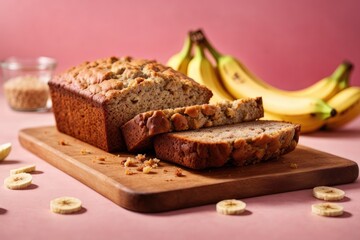 Banana bread on the table on pink background, Banana muffin, Banana cake with nuts, bread made with banana, muffin with banana, Banana cake with chocolate and nuts, Banana cake with raisins
