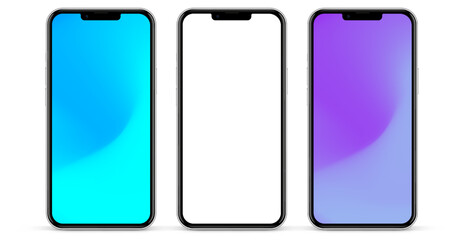 3D realistic high quality smartphone mockup with isolated background. Smart phone mockup collection. Device front view. 3D mobile phone with shadow on white background.