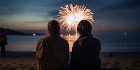 Romantic couple sitting and watching beautiful fireworks