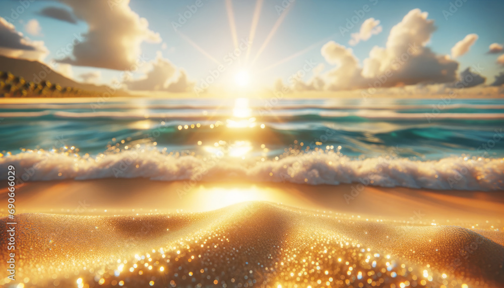 Poster sunset over ocean with sparkling sand and incoming waves. vacation concept. generative ai