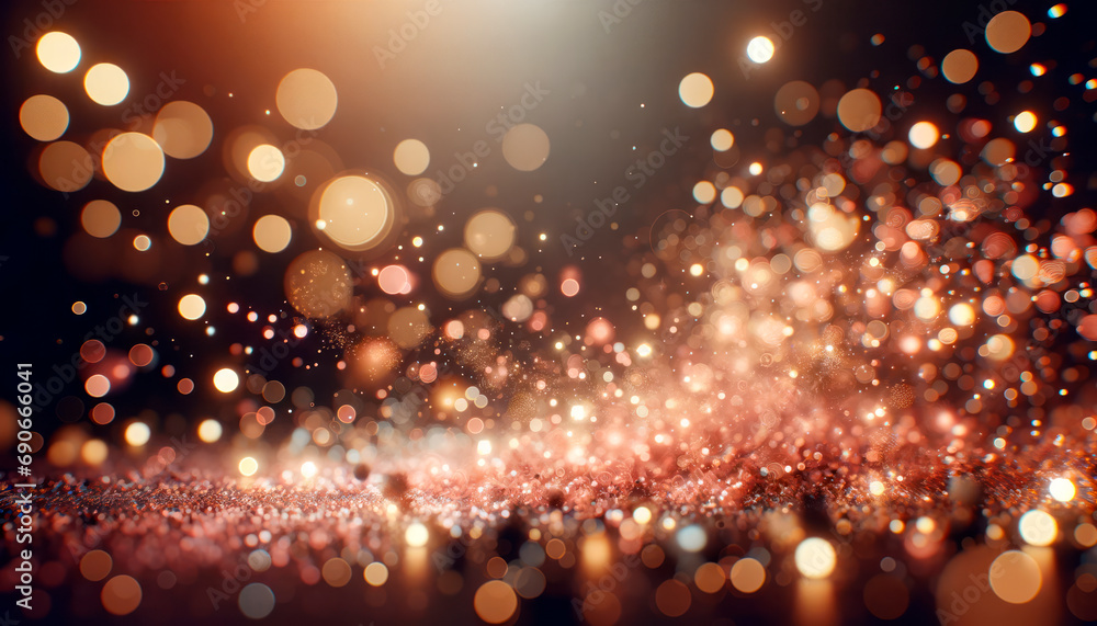 Poster warm bokeh lights scattering over a textured glitter background. generative ai