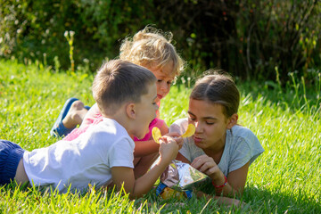 happy children eating chips in the park. Selective focus.