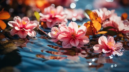 Fresh pink flowers with bright colors float on the water