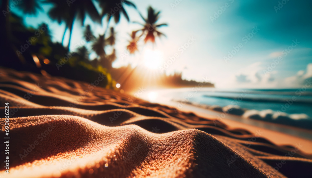 Poster sunset rays peering through palm leaves on a serene beach. tranquility concept. generative ai