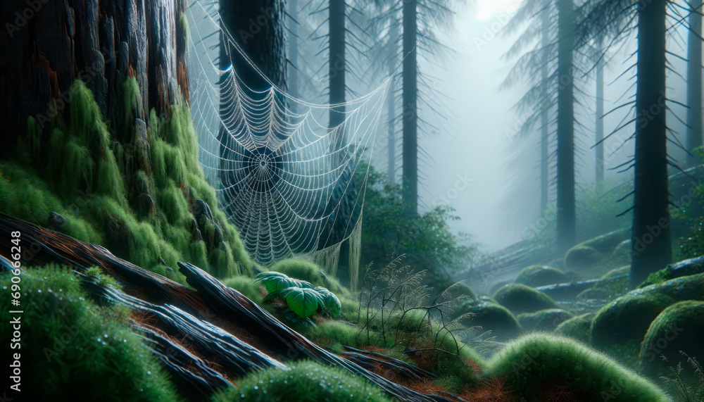 Poster dew laden spiderweb in a foggy forest at dawn. mystical morning background. generative ai