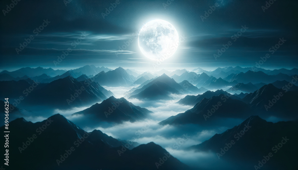 Aufkleber majestic mountains piercing through a blanket of clouds under moonlight. a mystic nocturnal vista. g