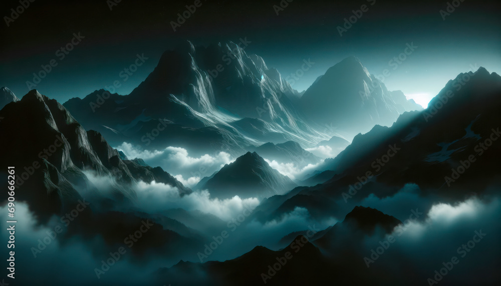 Poster moonlight bathes sharp mountain crests amidst a sea of clouds. a serene and ethereal nightscape. gen