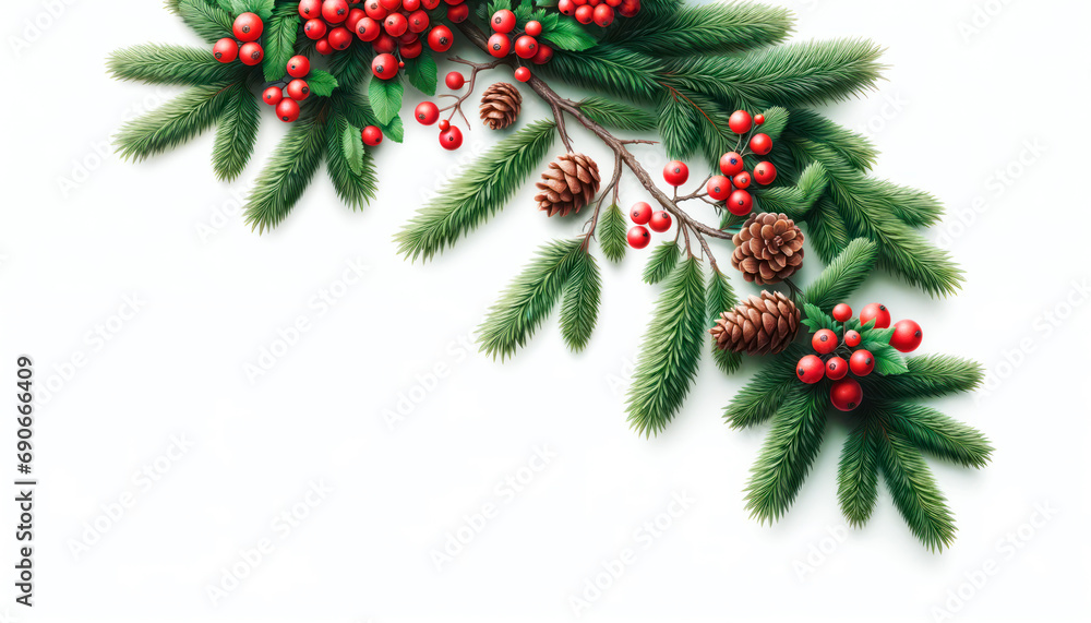 Aufkleber fir branches and red berries arranged on a white background for christmas. natural holiday theme. ge
