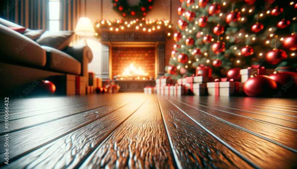 Poster christmas tree adorned with gifts and glowing by the warmth of a fireplace. generative ai
